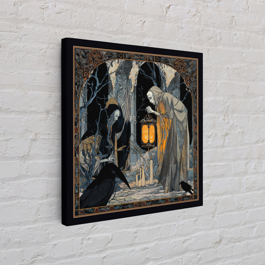 The Bone-Handled Lantern, Stained Glass Gothic Art, Square Wall Art, Gothic Horror Wall Art, Framed Canvas Print, Halloween Wall Art
