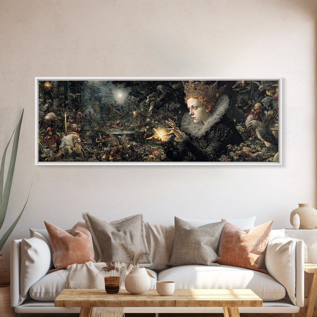 The Spiderweb Crown, Medieval Grotesque Art, Extra Wide Wall Art, Dark Fantasy Wall Art, Framed Canvas Print, Halloween Wall Art
