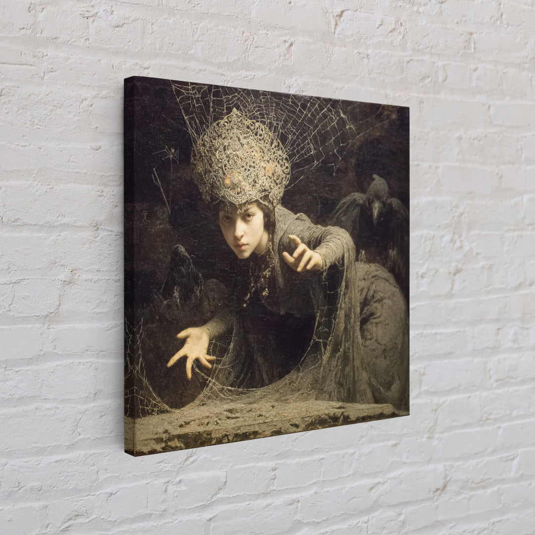 The Spiderweb Crown, Symbolist Etching Art, Square Wall Art, Dark Fantasy Wall Art, Canvas Print, Halloween Wall Art