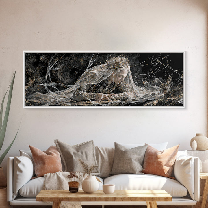 The Spiderweb Crown, Expressionist Nightmare Art, Extra Wide Wall Art, Macabre Wall Art, Framed Canvas Print, Halloween Wall Art