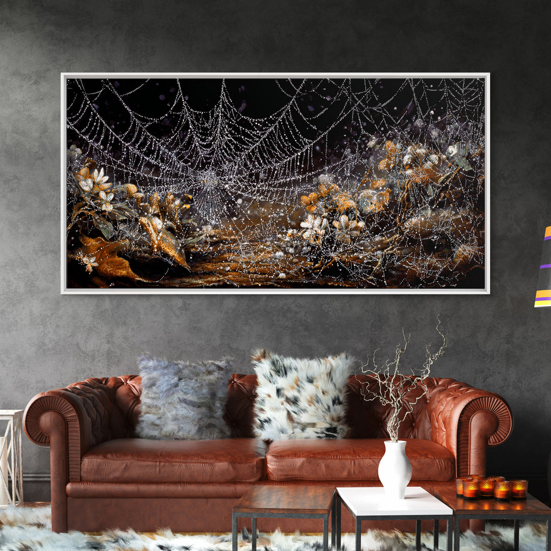 The Spiderweb Crown, Grotesque Carnival Art, Wide Panoramic Art, Dark Halloween Decor, Framed Canvas Print, Halloween Wall Art