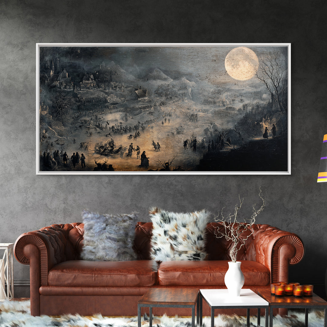 The Moonstone Amulet, Northern Renaissance Horror, Wide Panoramic Art, Dark Halloween Decor, Framed Canvas Print
