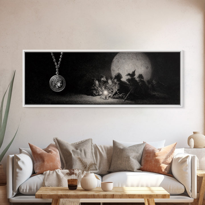 The Moonstone Amulet, Renaissance Engraving Art, Extra Wide Wall Art, Macabre Wall Art, Canvas Print, Halloween Wall Art