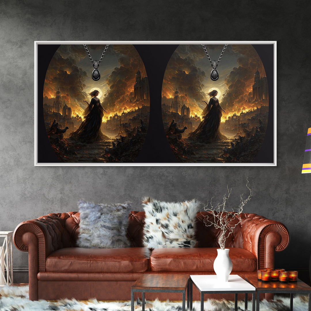 The Moonstone Amulet, Apocalyptic Romantic Art, Wide Panoramic Art, Dark Fantasy Wall Art, Framed Canvas Print, Halloween Wall Art