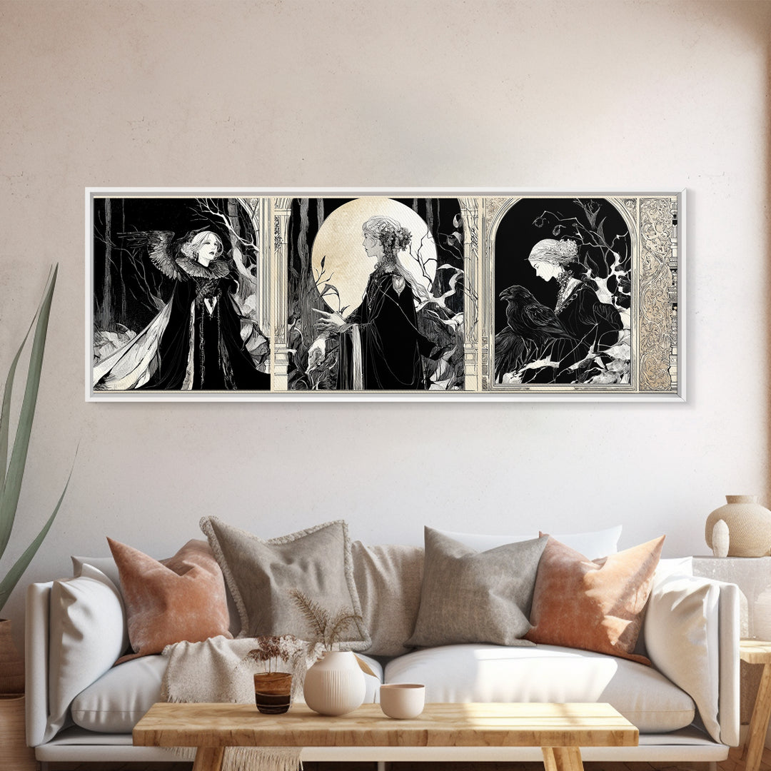 The Moonstone Amulet, Decadent Line Art, Extra Wide Wall Art, Macabre Wall Art, Framed Canvas Print, Halloween Wall Art