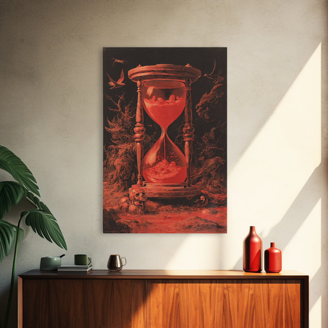The Crimson Hourglass, Dark Romantic Horror Art, Vertical Wall Art, Dark Halloween Decor, Framed Canvas Print, Halloween Wall Art