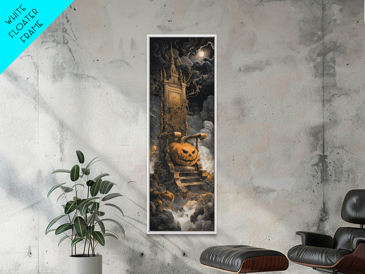 The Jack-O'-Lantern Throne, Gothic Engraving Art, Tall Narrow Wall Art, Dark Halloween Decor, Framed Canvas Print, Halloween Wall Art