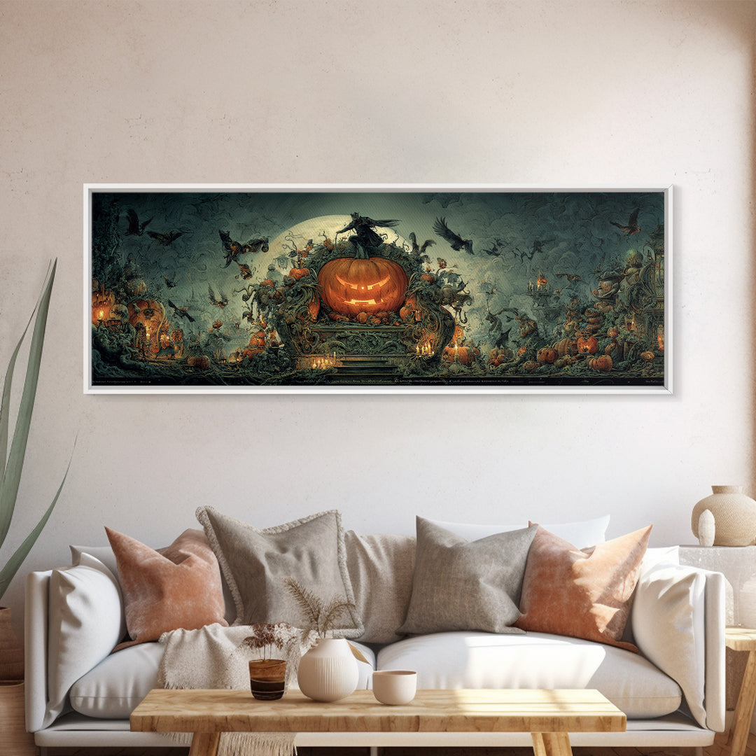 The Jack-O'-Lantern Throne, Medieval Grotesque Art, Extra Wide Wall Art, Dark Fantasy Wall Art, Framed Canvas Print