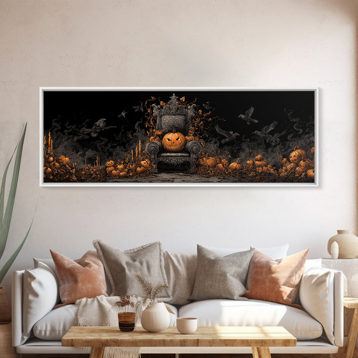The Jack-O'-Lantern Throne, Dark Romantic Horror Art, Extra Wide Wall Art, Macabre Wall Art, Framed Canvas Print, Halloween Wall Art
