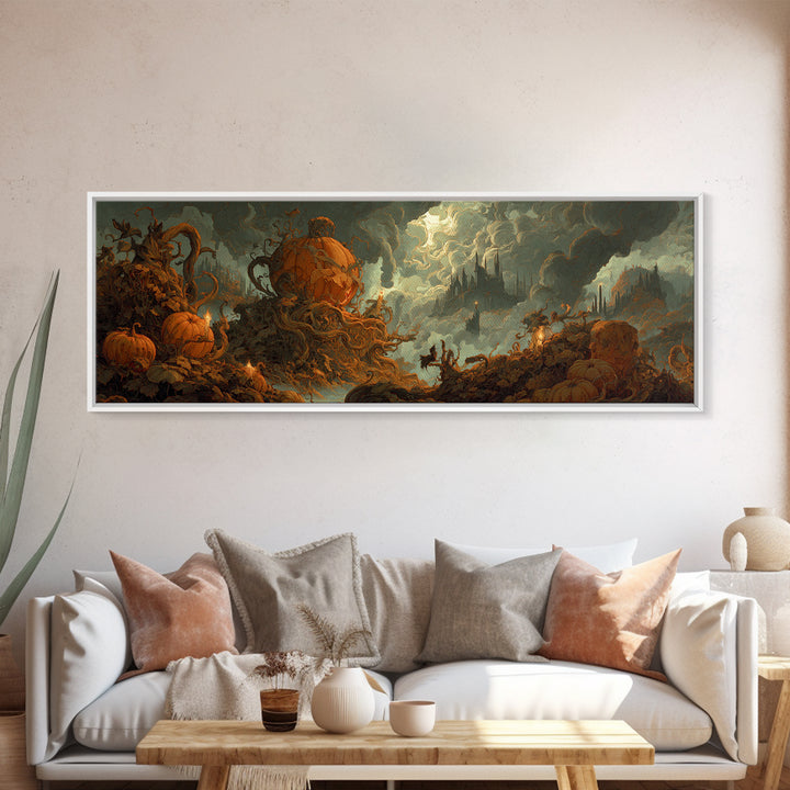 The Jack-O'-Lantern Throne, Apocalyptic Romantic Art, Extra Wide Wall Art, Macabre Wall Art, Framed Canvas Print, Halloween Wall Art