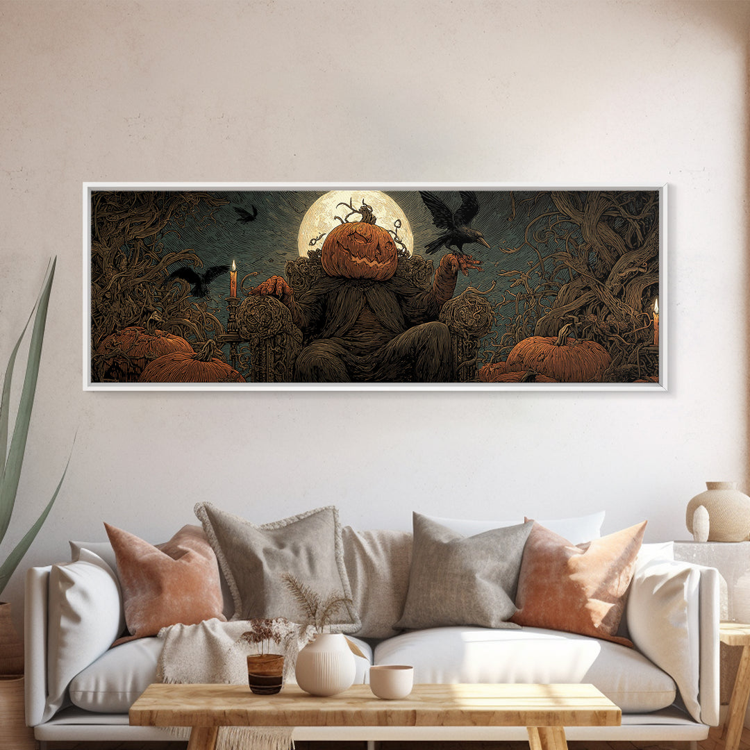 The Jack-O'-Lantern Throne, Expressionist Nightmare Art, Extra Wide Wall Art, Macabre Wall Art, Canvas Print, Halloween Wall Art