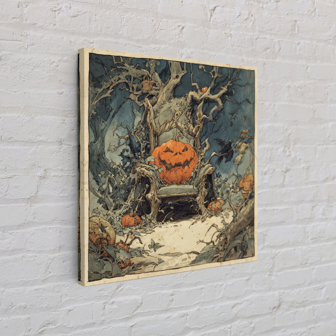 The Jack-O'-Lantern Throne, Gothic Storybook Art, Square Wall Art, Macabre Wall Art, Canvas Print, Halloween Wall Art