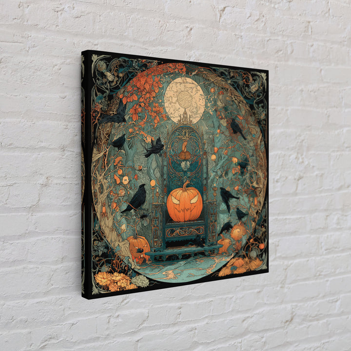 The Jack-O'-Lantern Throne, Stained Glass Gothic Art, Square Wall Art, Macabre Wall Art, Framed Canvas Print, Halloween Wall Art