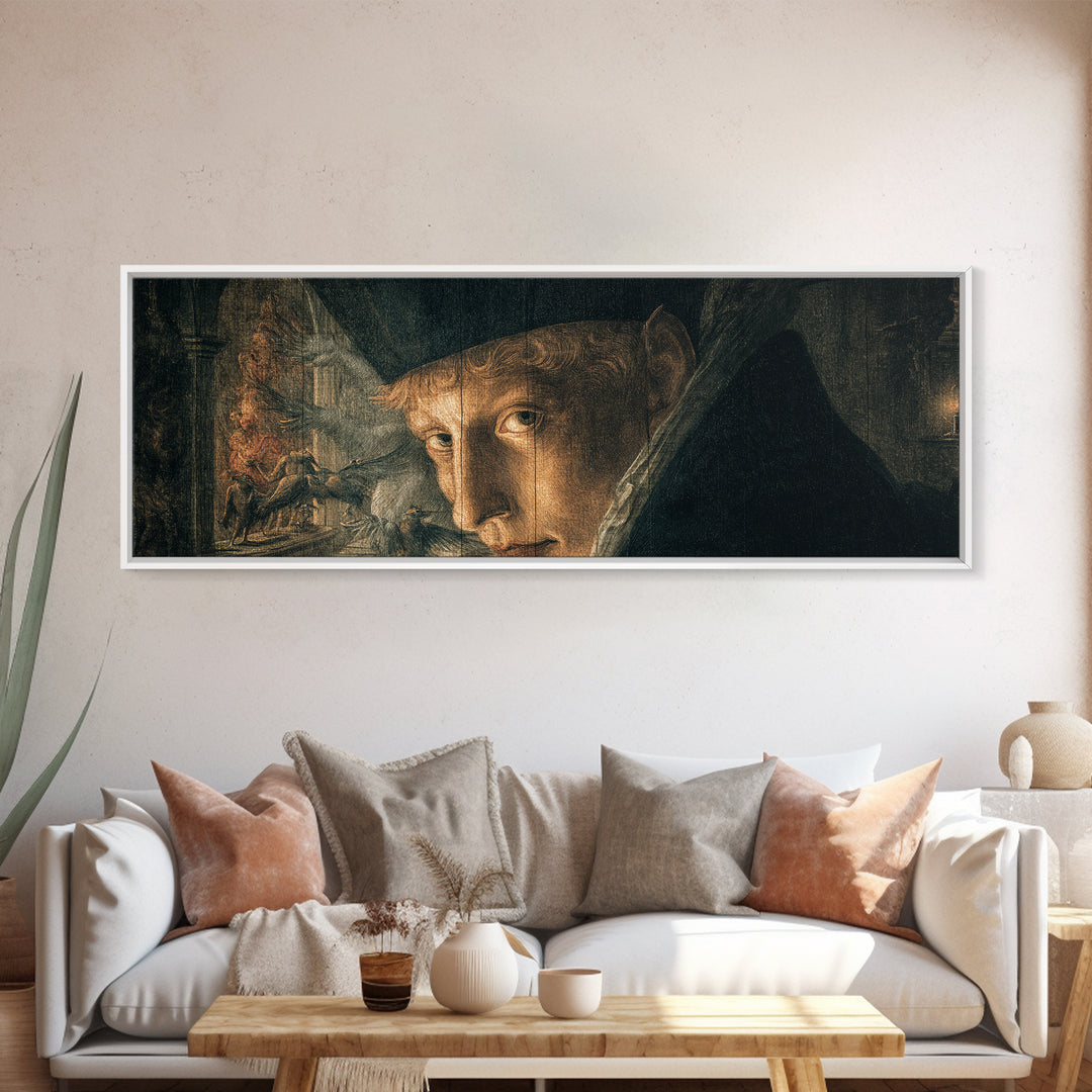 The Haunted Portrait, Medieval Grotesque Art, Extra Wide Wall Art, Dark Halloween Decor, Framed Canvas Print, Halloween Wall Art