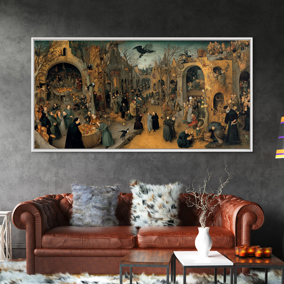 The Haunted Portrait, Northern Renaissance Horror, Wide Panoramic Art, Dark Fantasy Wall Art, Framed Canvas Print, Halloween Decor