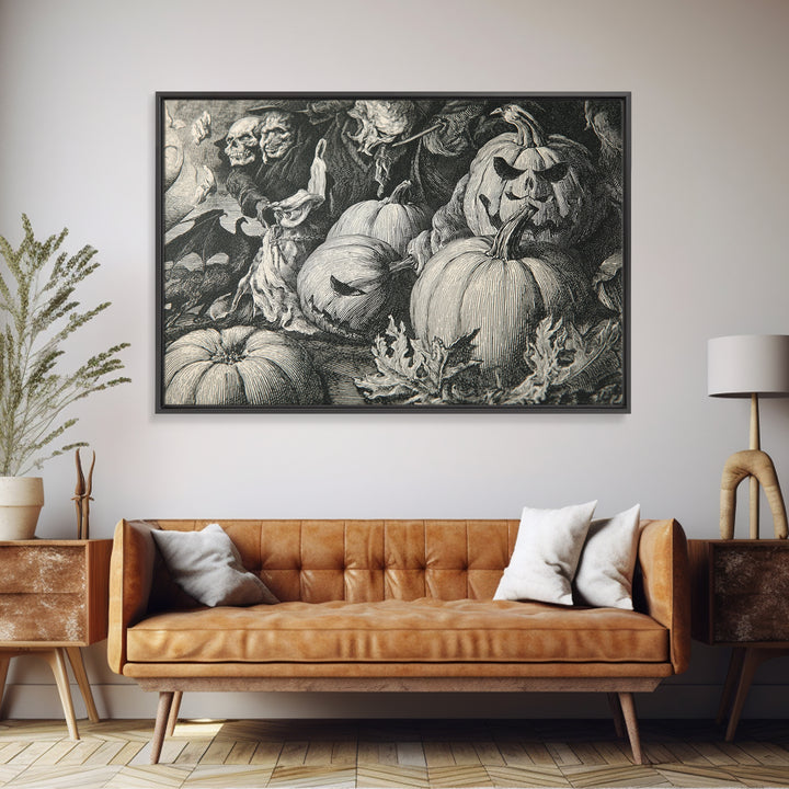 Vintage Orange-And-Black Halloween, Renaissance Engraving Art, Landscape Wall Art, Dark Fantasy Wall Art, Framed Canvas Print
