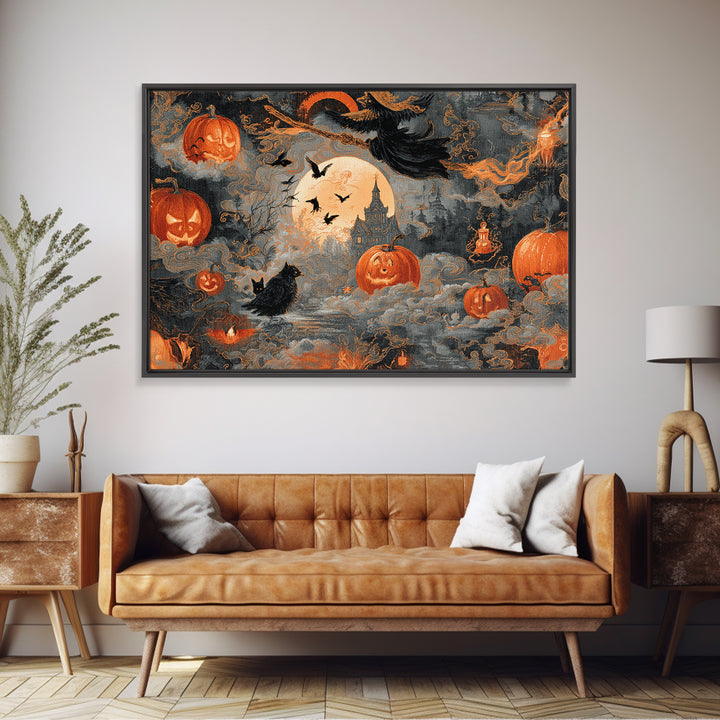 Vintage Orange-And-Black Halloween, Visionary Gothic Art, Landscape Wall Art, Macabre Wall Art, Canvas Print, Halloween Wall Art