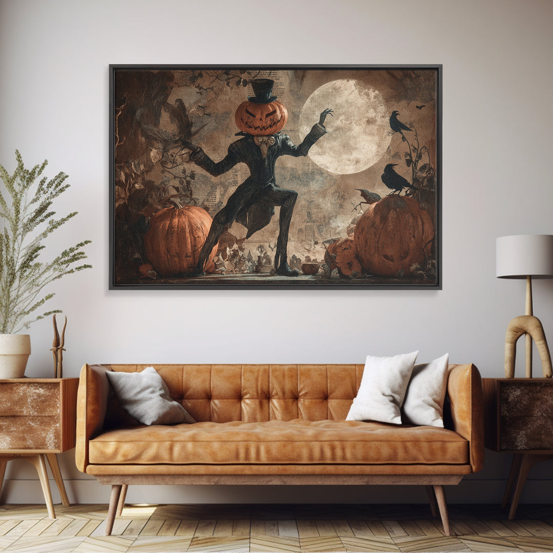 Vintage Orange-And-Black Halloween, Expressionist Nightmare Art, Landscape Wall Art, Dark Fantasy Wall Art, Framed Canvas Print