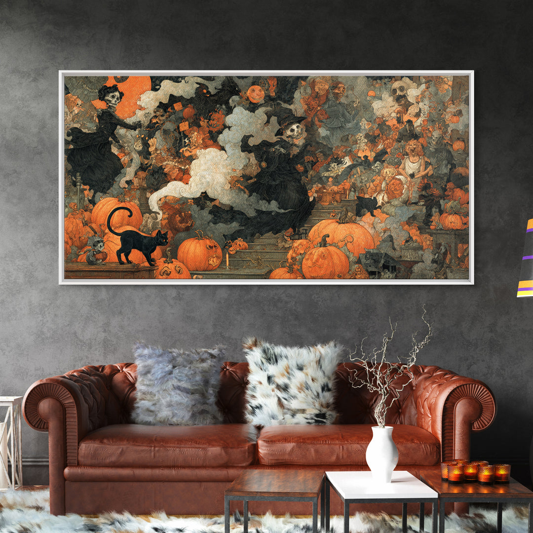 Vintage Orange-And-Black Halloween, Grotesque Carnival Art, Wide Panoramic Art, Macabre Wall Art, Framed Canvas Print, Halloween Wall Art