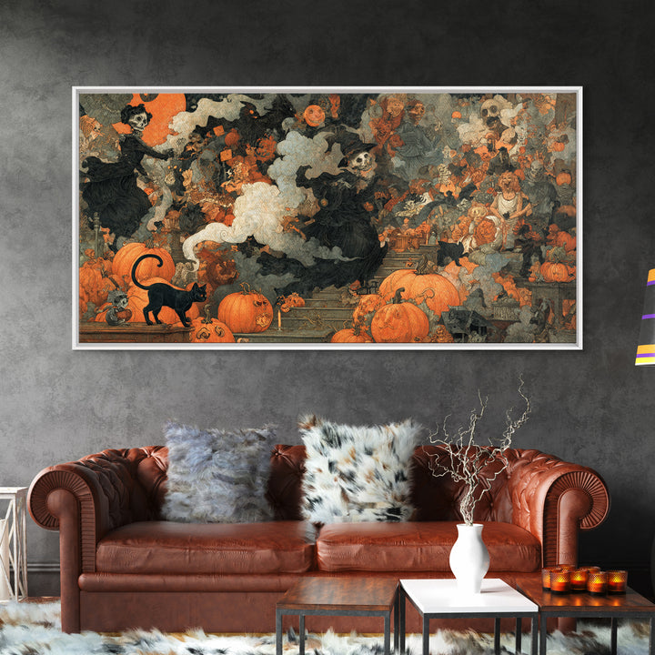 Vintage Orange-And-Black Halloween, Grotesque Carnival Art, Wide Panoramic Art, Macabre Wall Art, Framed Canvas Print, Halloween Wall Art