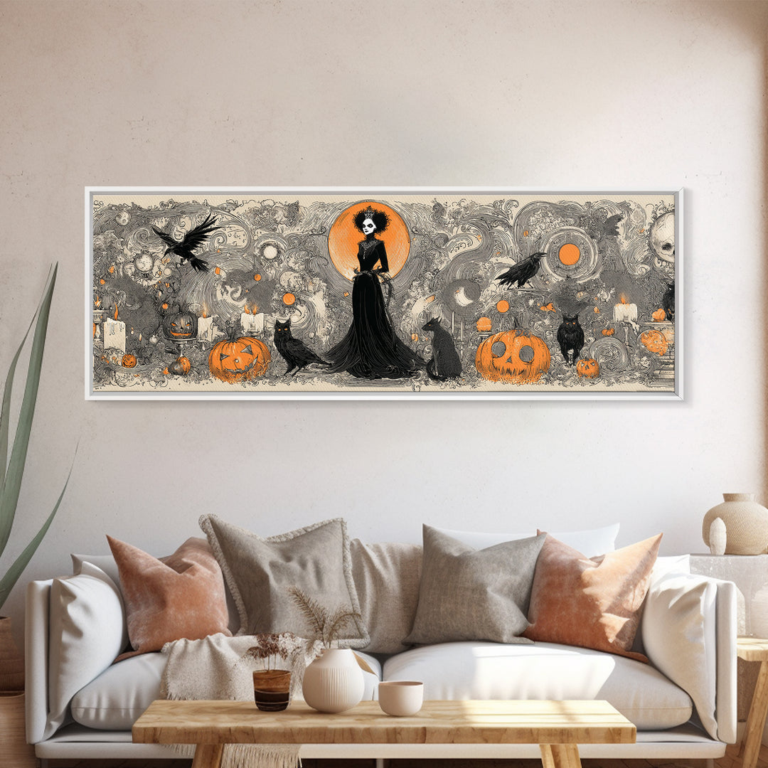 Vintage Orange-And-Black Halloween, Decadent Line Art, Extra Wide Wall Art, Macabre Wall Art, Canvas Print, Halloween Wall Art