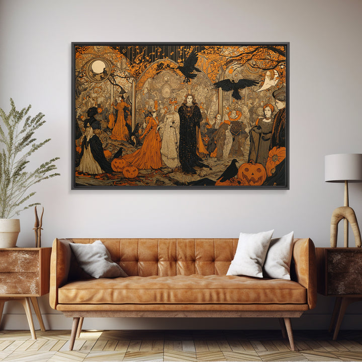 Vintage Orange-And-Black Halloween, Stained Glass Gothic Art, Landscape Wall Art, Macabre Wall Art, Canvas Print, Halloween Wall Art