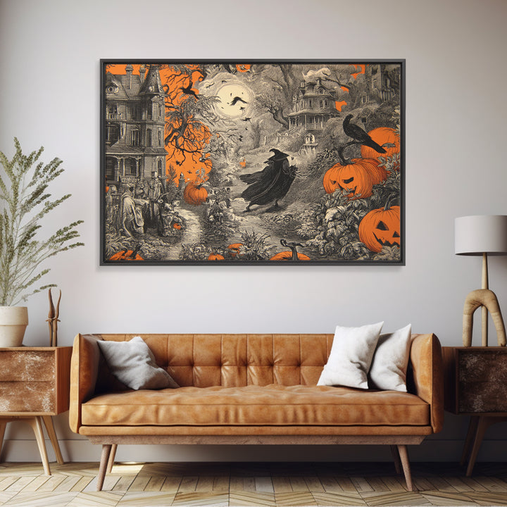 Vintage Orange-And-Black Halloween, Victorian Macabre Art, Landscape Wall Art, Macabre Wall Art, Canvas Print, Halloween Wall Art