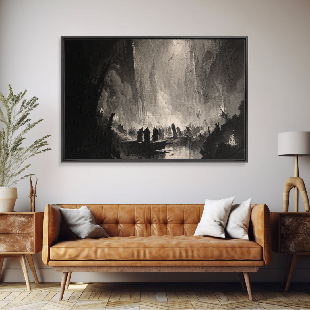 Monochrome Gothic Halloween, Gothic Engraving Art, Landscape Wall Art, Macabre Wall Art, Framed Canvas Print, Halloween Wall Art