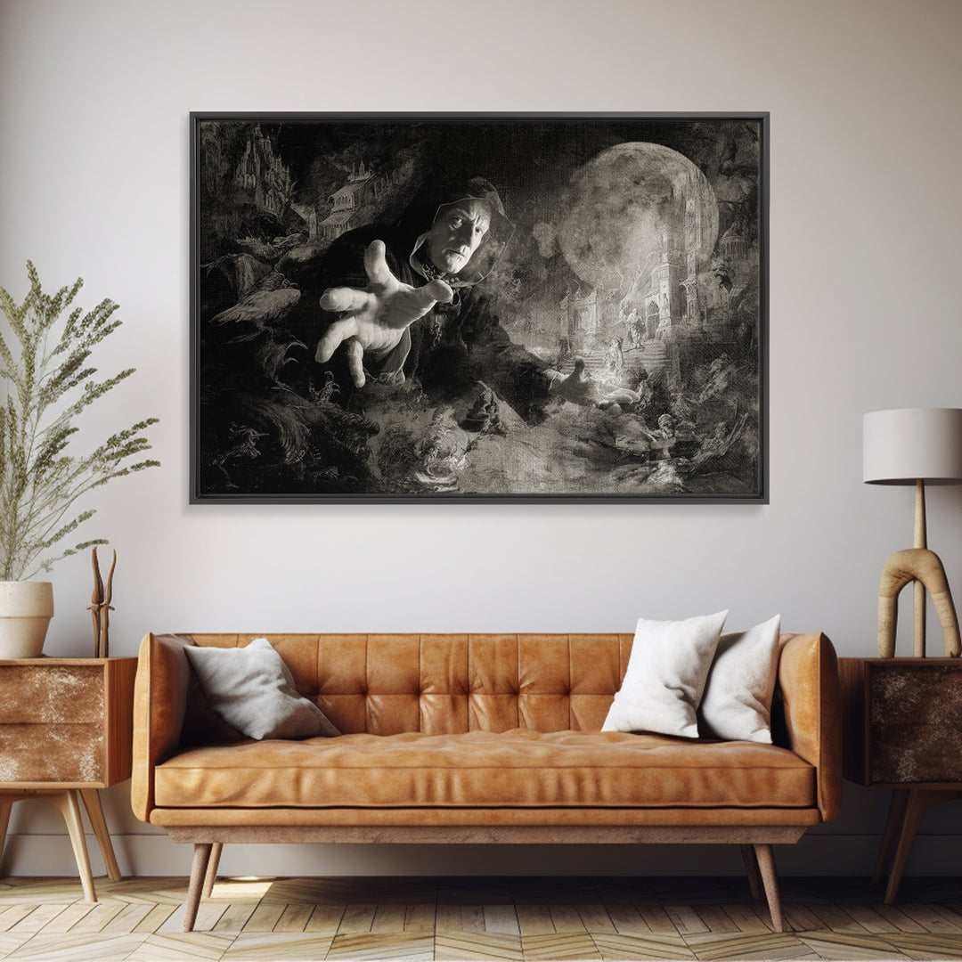 Monochrome Gothic Halloween, Medieval Grotesque Art, Landscape Wall Art, Dark Halloween Decor, Framed Canvas Print, Macabre Wall Art