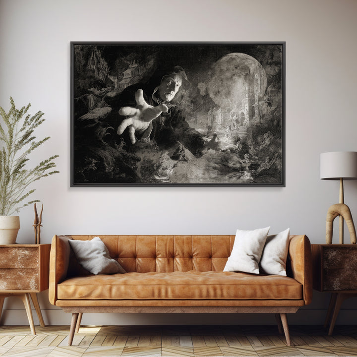 Monochrome Gothic Halloween, Medieval Grotesque Art, Landscape Wall Art, Dark Halloween Decor, Framed Canvas Print, Macabre Wall Art