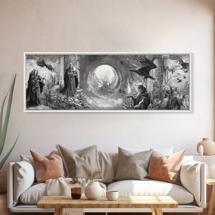 Monochrome Gothic Halloween, Renaissance Engraving Art, Extra Wide Wall Art, Gothic Horror Wall Art, Canvas Print, Halloween Wall Art
