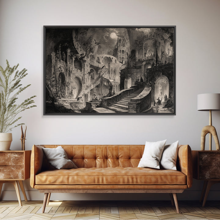 Monochrome Gothic Halloween, Architectural Etching Art, Landscape Wall Art, Dark Fantasy Wall Art, Canvas Print