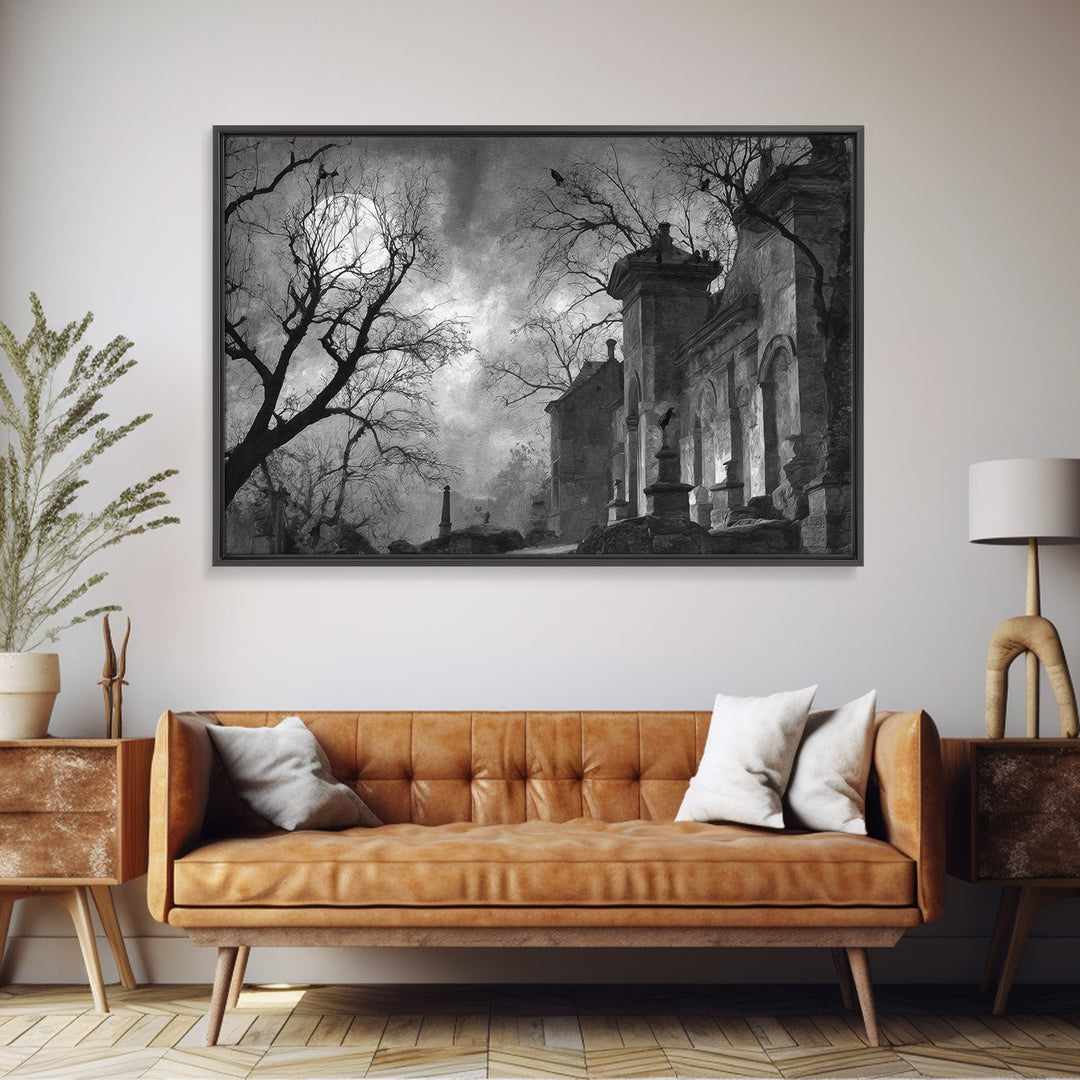 Monochrome Gothic Halloween, Romantic Gothic Landscape, Landscape Wall Art, Dark Fantasy Wall Art, Framed Canvas Print