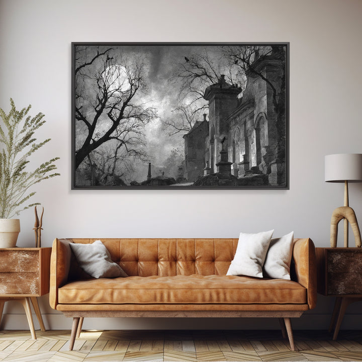 Monochrome Gothic Halloween, Romantic Gothic Landscape, Landscape Wall Art, Dark Fantasy Wall Art, Framed Canvas Print