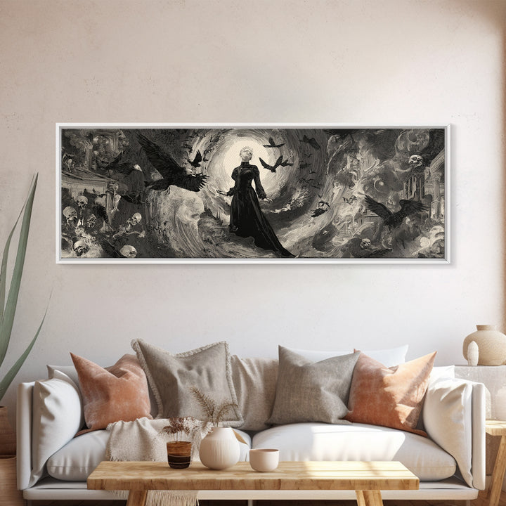 Monochrome Gothic Halloween, Decadent Gothic Art, Extra Wide Wall Art, Gothic Horror Wall Art, Framed Canvas Print, Gothic Home Decor