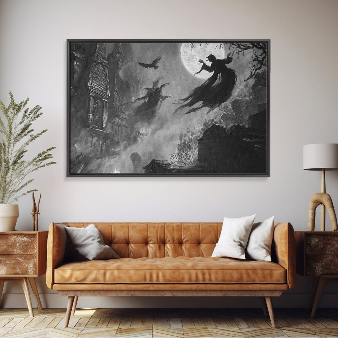 Monochrome Gothic Halloween, Expressionist Nightmare Art, Landscape Wall Art, Dark Halloween Decor, Framed Canvas Print, Halloween Wall Art