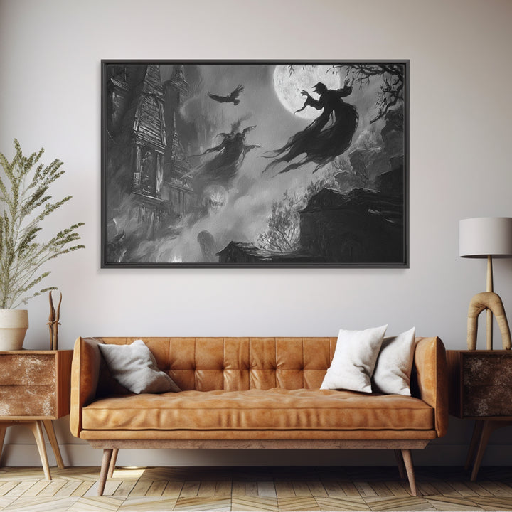 Monochrome Gothic Halloween, Expressionist Nightmare Art, Landscape Wall Art, Dark Halloween Decor, Framed Canvas Print, Halloween Wall Art