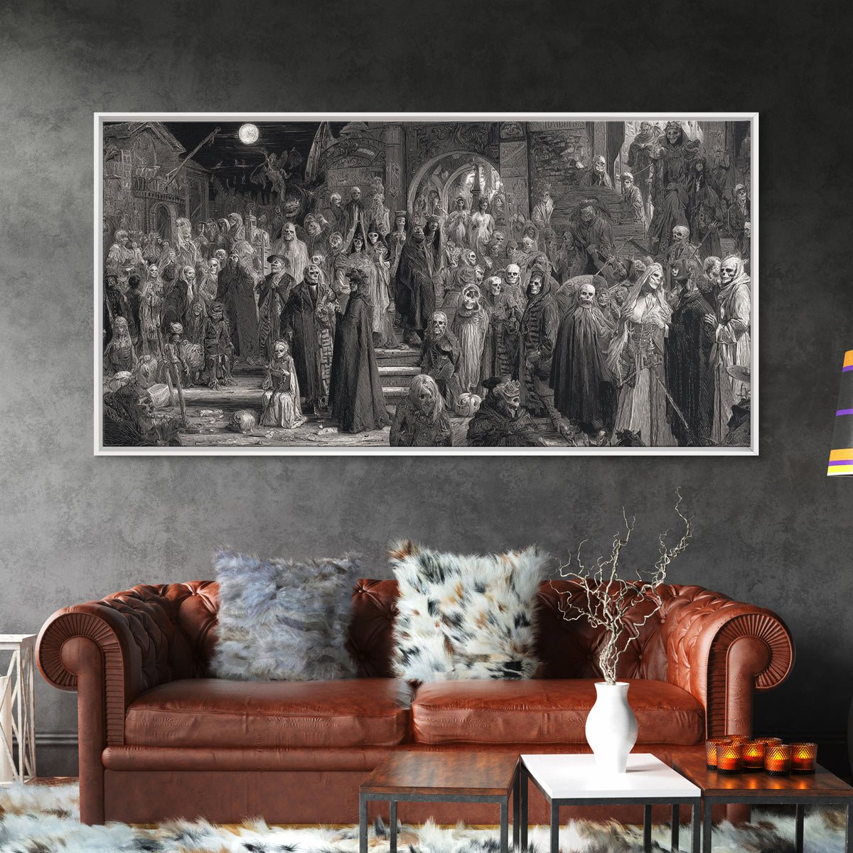 Monochrome Gothic Halloween, Grotesque Carnival Art, Wide Panoramic Art, Dark Halloween Decor, Canvas Print, Halloween Wall Art