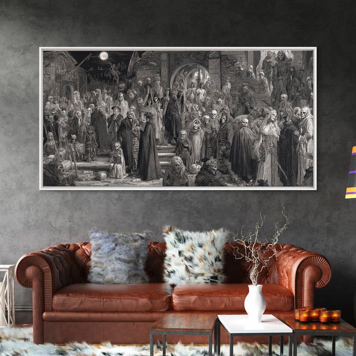 Monochrome Gothic Halloween, Grotesque Carnival Art, Wide Panoramic Art, Dark Halloween Decor, Canvas Print, Halloween Wall Art