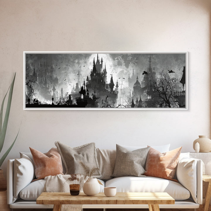 Monochrome Gothic Halloween, Decadent Line Art, Extra Wide Wall Art, Dark Halloween Decor, Canvas Print, Halloween Wall Art
