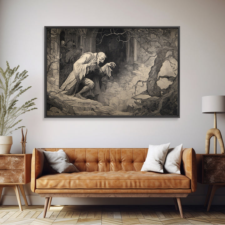 Monochrome Gothic Halloween, Gothic Storybook Art, Landscape Wall Art, Macabre Wall Art, Canvas Print, Halloween Wall Art
