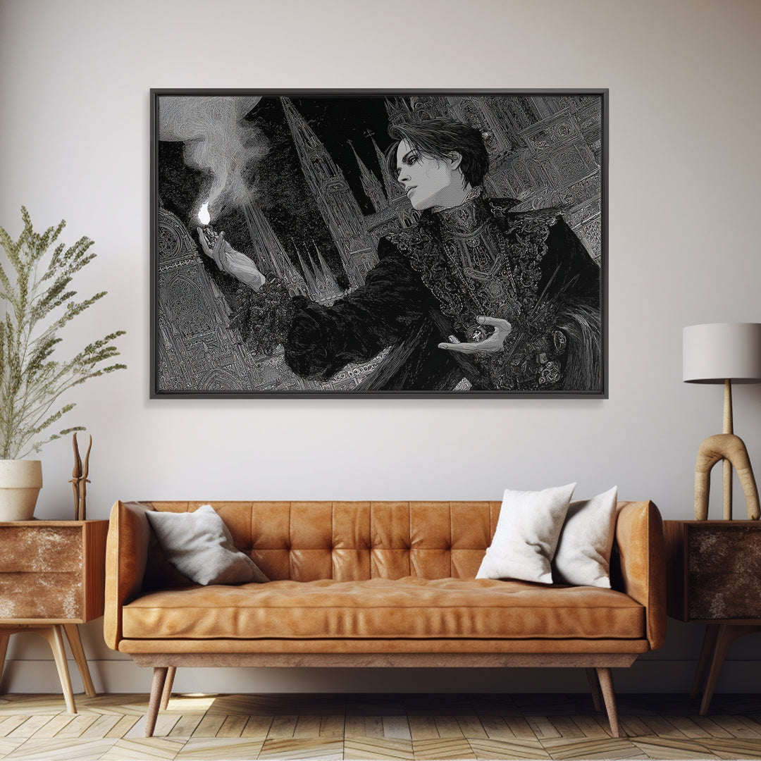 Monochrome Gothic Halloween, Stained Glass Gothic Art, Landscape Wall Art, Dark Halloween Decor, Framed Canvas Print, Halloween Wall Art