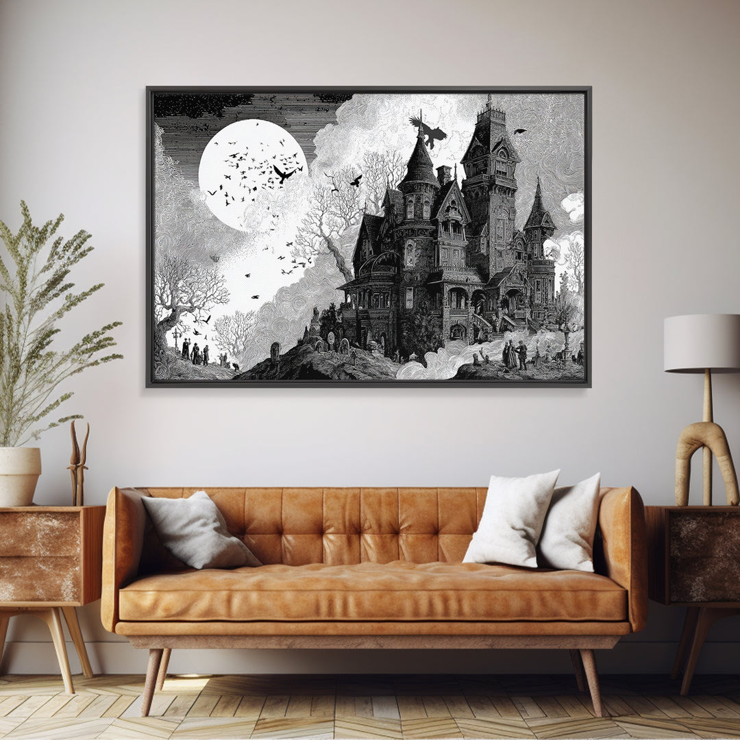 Monochrome Gothic Halloween, Victorian Macabre Art, Landscape Wall Art, Dark Halloween Decor, Canvas Print, Halloween Wall Art