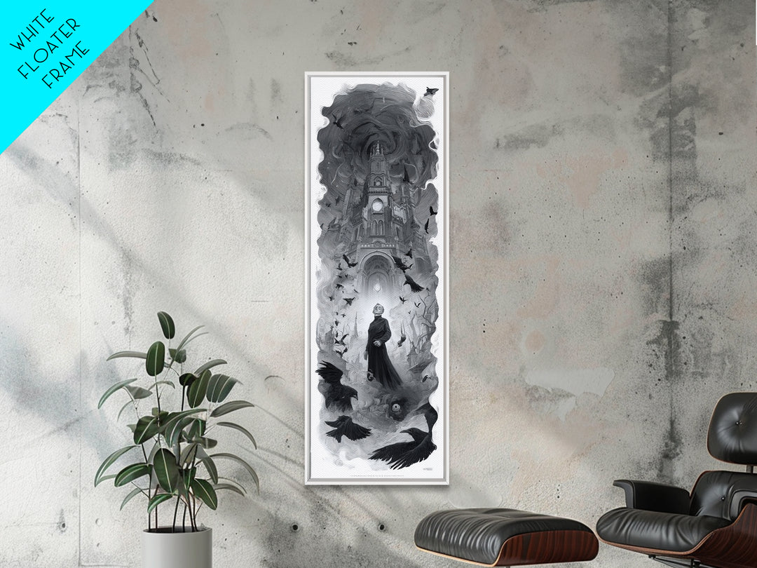 Monochrome Gothic Halloween, Surreal Apocalyptic Art, Tall Narrow Wall Art, Macabre Wall Art, Framed Canvas Print, Halloween Decor