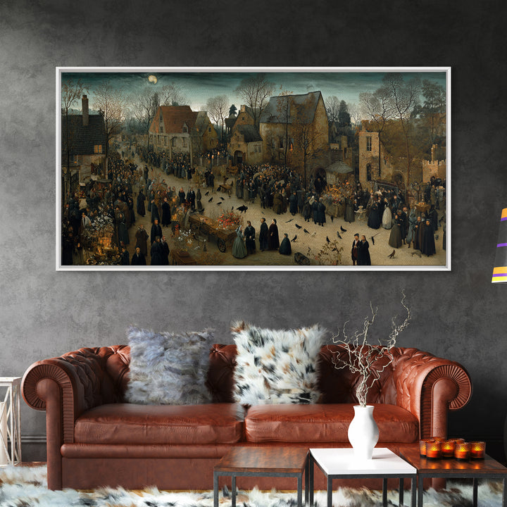 Victorian Mourning Halloween, Northern Renaissance Horror, Wide Panoramic Art, Macabre Wall Art, Framed Canvas Print