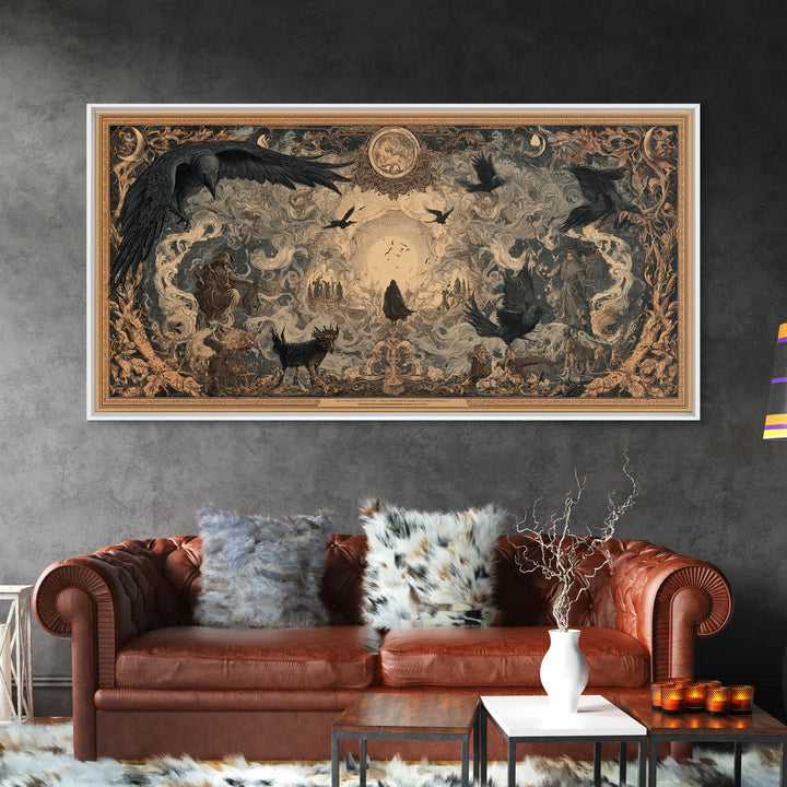 Art Nouveau Witchcraft, Northern Renaissance Horror, Wide Panoramic Art, Dark Fantasy Wall Art, Framed Canvas Print
