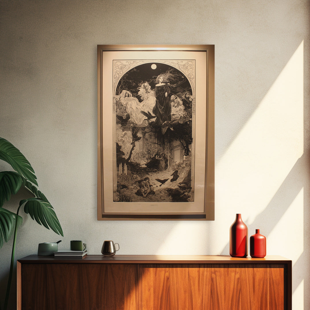 Art Nouveau Witchcraft, Renaissance Engraving Art, Vertical Wall Art, Macabre Wall Art, Framed Canvas Print, Halloween Wall Art