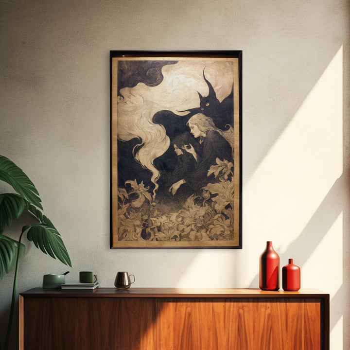 Art Nouveau Witchcraft, Symbolist Dream Art, Vertical Wall Art, Dark Fantasy Wall Art, Framed Canvas Print, Halloween Wall Art