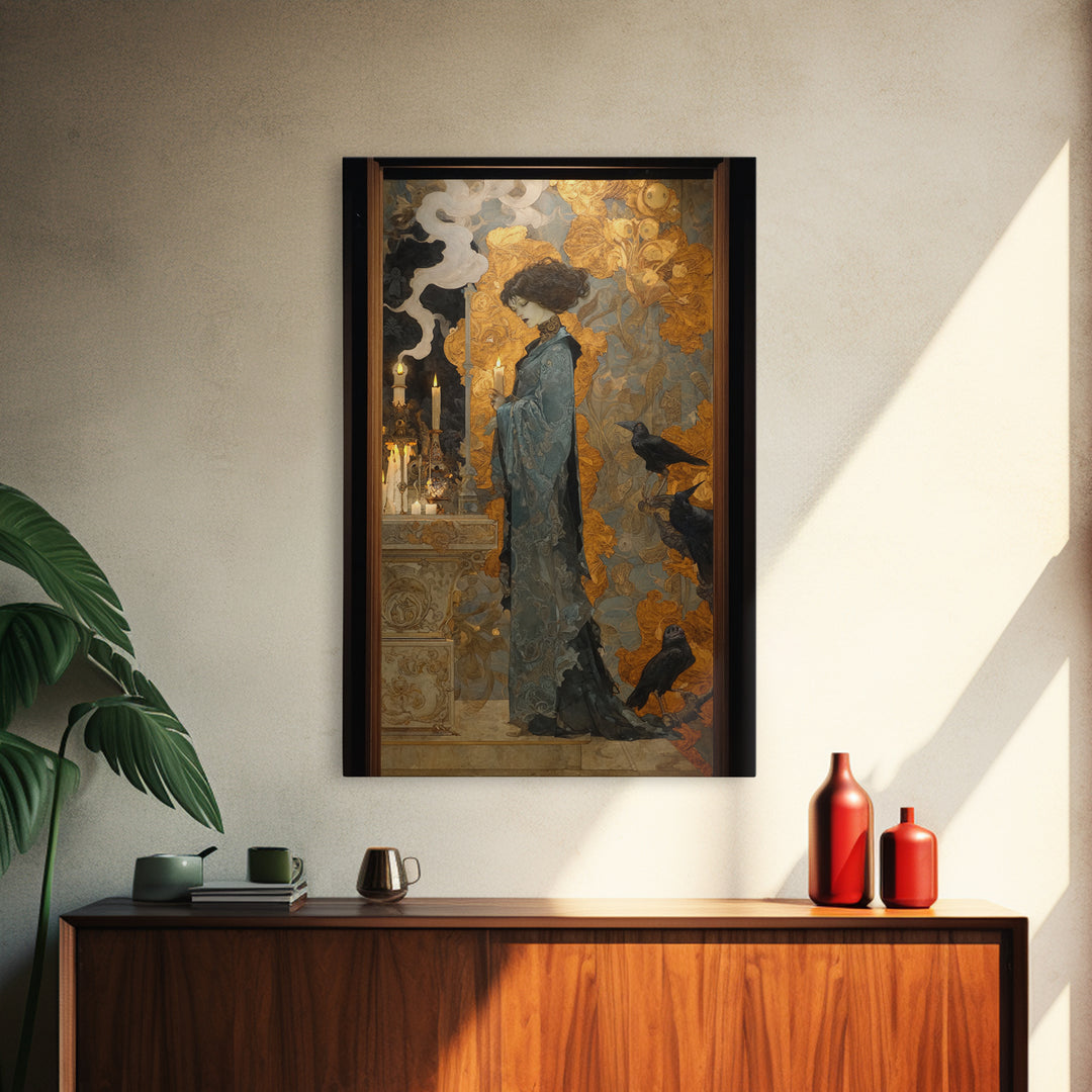 Art Nouveau Witchcraft, Ornate Symbolist Art, Vertical Wall Art, Gothic Horror Wall Art, Framed Canvas Print, Halloween Wall Art