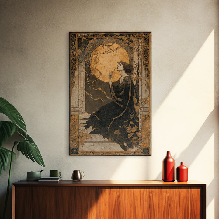 Art Nouveau Witchcraft, Decadent Gothic Art, Vertical Wall Art, Dark Halloween Decor, Framed Canvas Print, Halloween Wall Art